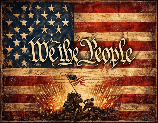 Vintage-style American flag with 'We the People' text and the Iwo Jima Memorial.