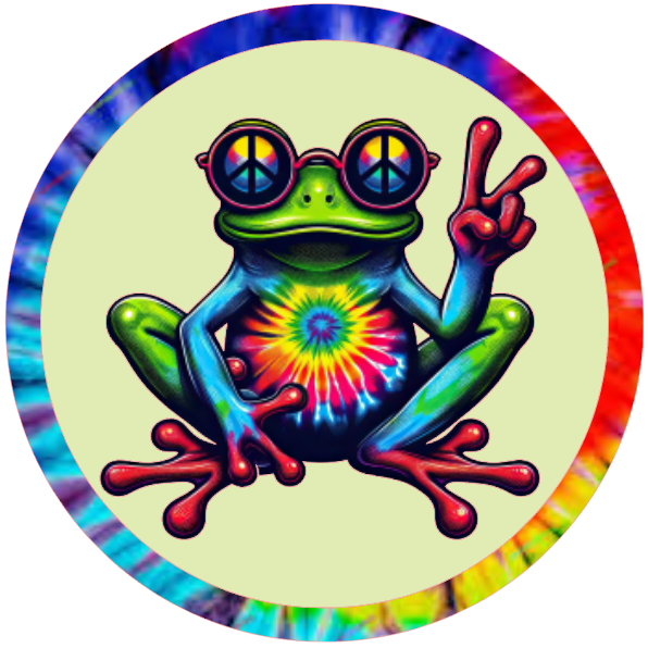 Colorful frog with tie-dye pattern and peace sign 