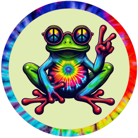 Colorful frog with tie-dye pattern and peace sign 