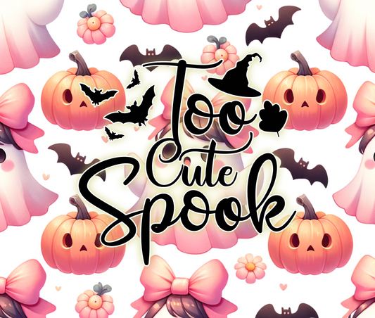 Halloween-themed design with pumpkins, bats, and ghosts on a light background.