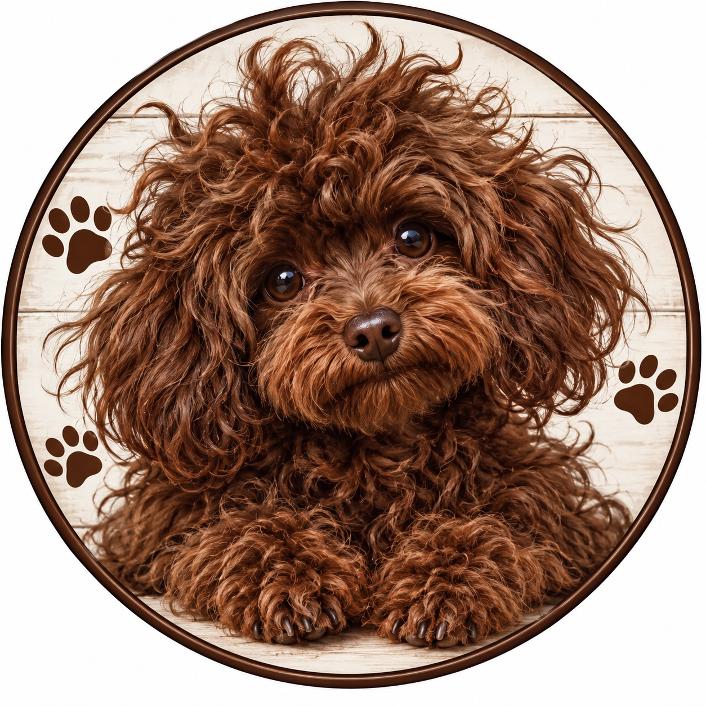 Round metal wreath sign by Monkey's Creations featuring a brown toy poodle.