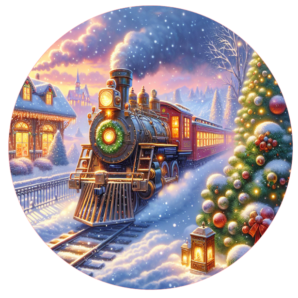 Christmas-themed illustration of a steam train with a decorated Christmas tree on a snowy landscape.