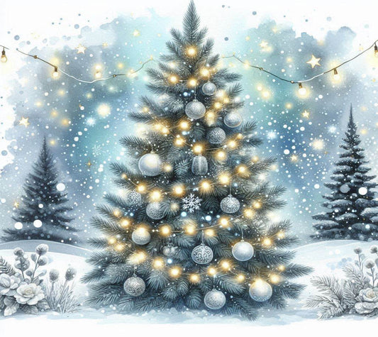 Decorated Christmas tree with lights and ornaments in a snowy landscape