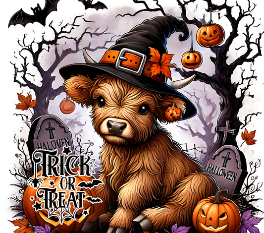 Rectangle Halloween themed metal wreath sign featuring a highland cow in a witch hat sitting in a graveyard with the text "trick or treat" by Monkey's Creations. 