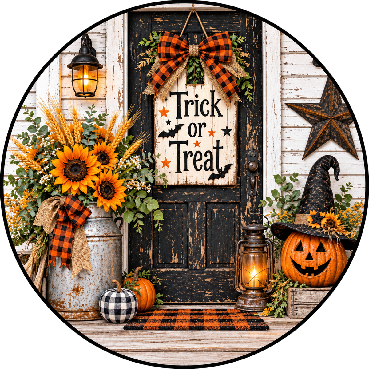 Round metal wreath sign with sunflowers, pumpkins, a jack o lantern and checkered bows and accents on a front porch and a vintage distressed wooden door with a "trick or treat" Halloween themed sign by Monkey's Creations. 