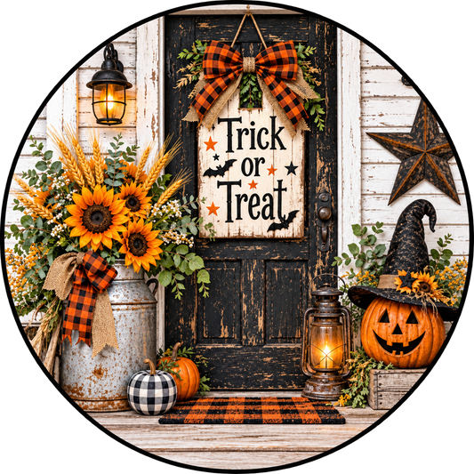 Round metal wreath sign with sunflowers, pumpkins, a jack o lantern and checkered bows and accents on a front porch and a vintage distressed wooden door with a "trick or treat" Halloween themed sign by Monkey's Creations. 