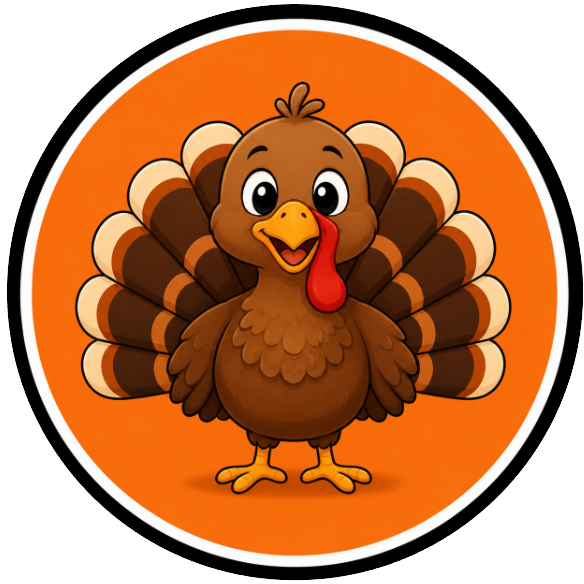 Round metal wreath sign with a cartoon turkey character with plumage by Monkey's Creations.