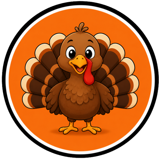 Round metal wreath sign with a cartoon turkey character with plumage by Monkey's Creations.