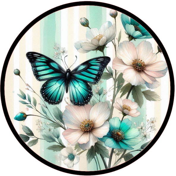 Turquoise butterfly and flowers on a striped background