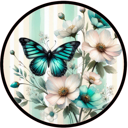 Turquoise butterfly and flowers on a striped background
