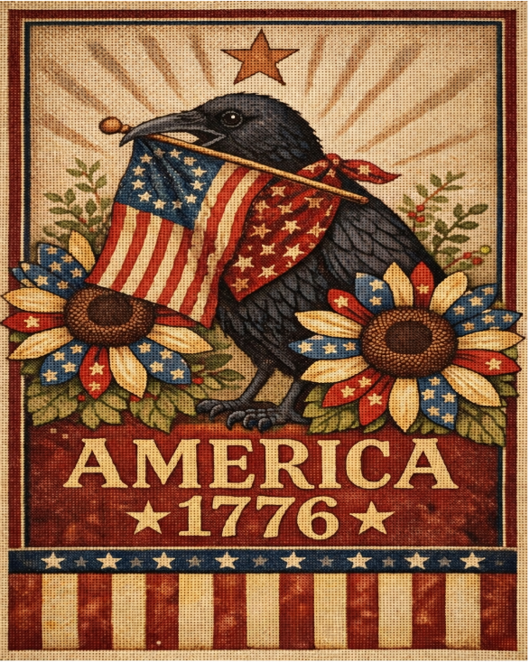 Rectangle metal wreath sign (8 x 10) by Monkey's Creations featuring a tapestry image of a US flag with patriotic elements.