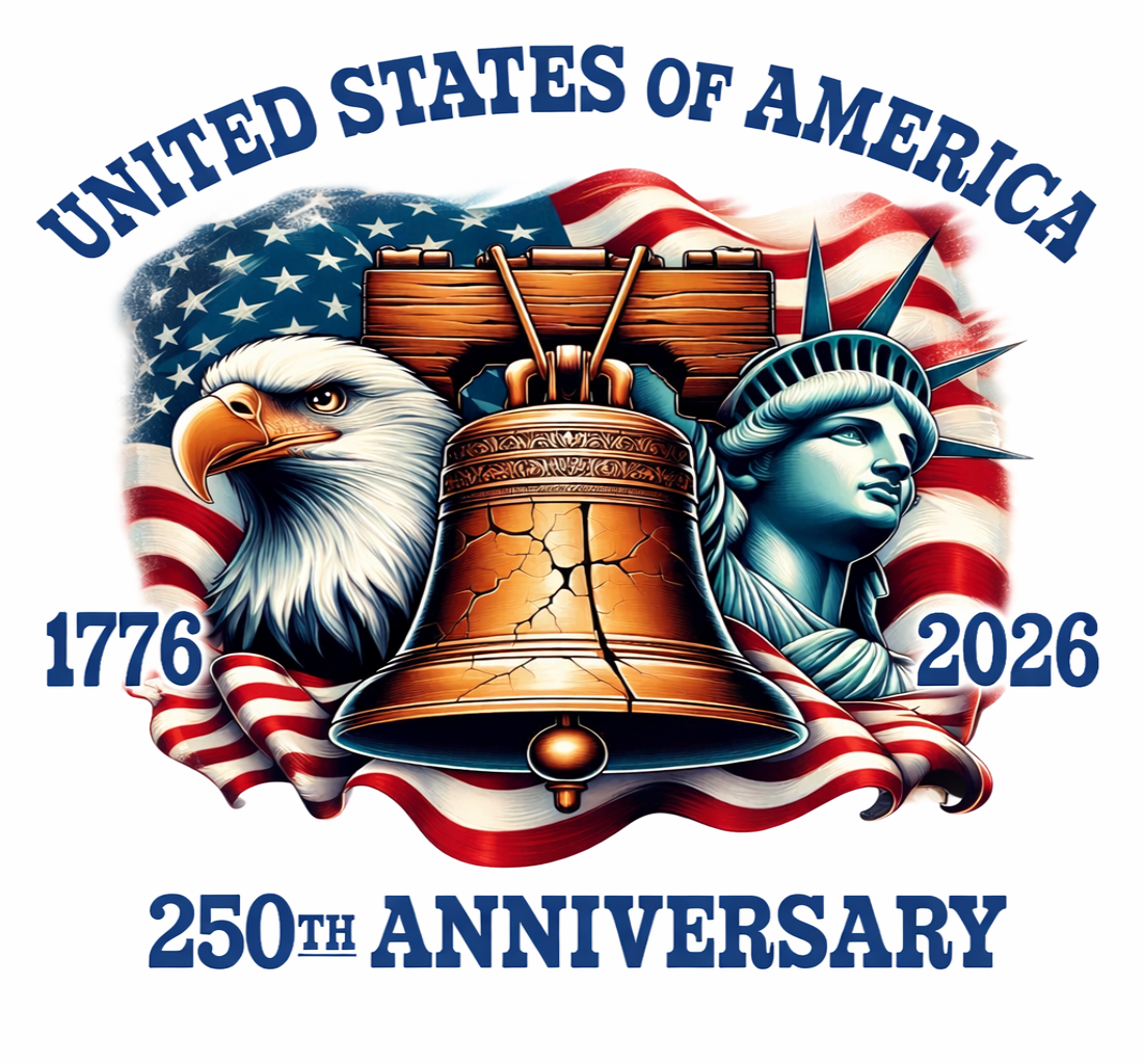 Rectangle wreath sign by Monkey's Creations celebrating the 250th anniversary of the United States of America with an eagle, Liberty Bell, and Statue of Liberty against an American flag.