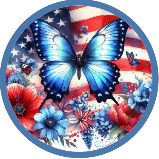 Blue butterfly, American flag, and flowers 