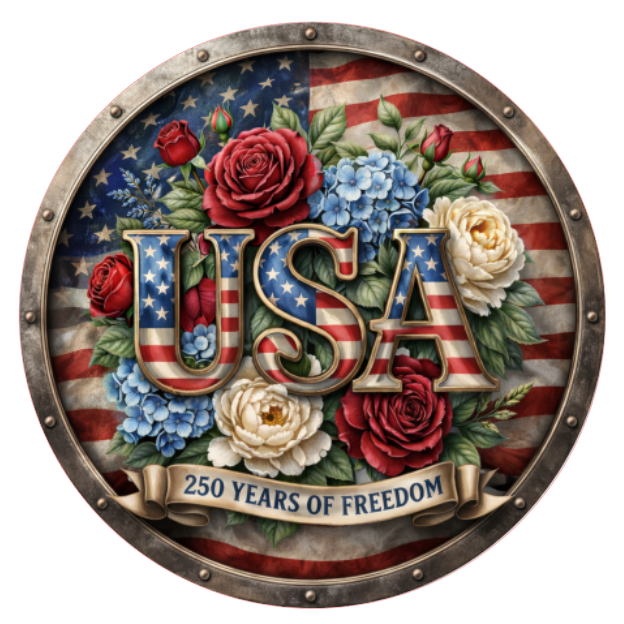 Round metal wreath sign featuring starts and stripes "USA" and a banner with "250 years of freedom" with red white and blue flowers and a rustic flag background by Monkey's Creations. 