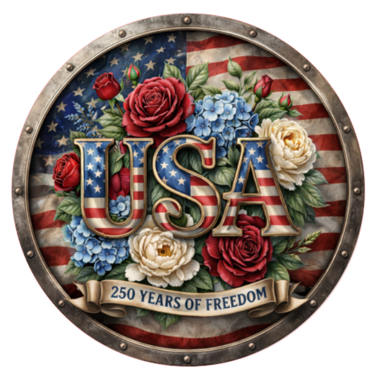 Round metal wreath sign featuring starts and stripes "USA" and a banner with "250 years of freedom" with red white and blue flowers and a rustic flag background by Monkey's Creations. 