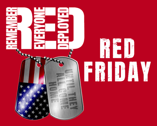 Rectangle metal wreath sign (8 x 10) by Monkey's Creations featuring dog tags with a US flag and text "Red Friday" - "remember everyone deployed until they all come home".