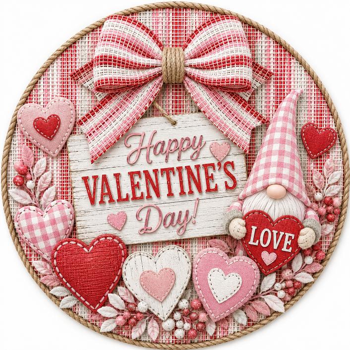 Round metal wreath sign featuring faux fabric elements - a gnome with hearts and pink and white foliage and bows with "love - Happy Valentine's Day" by Monkey's Creations.