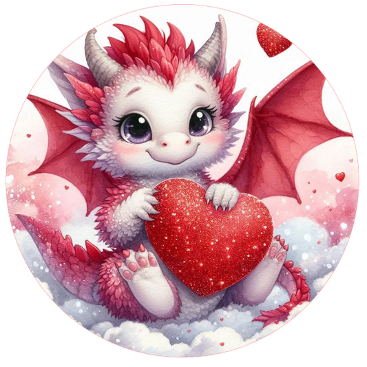 Cute dragon holding a red heart on a white background