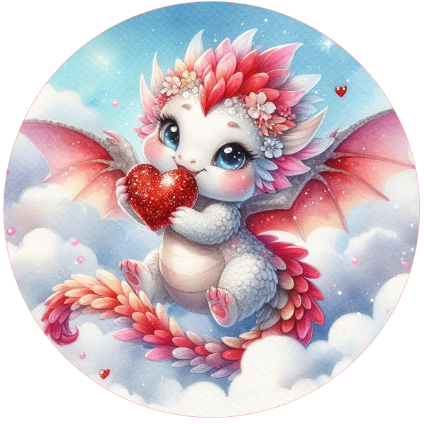 Cartoon dragon holding a heart with a blue sky and clouds in the background