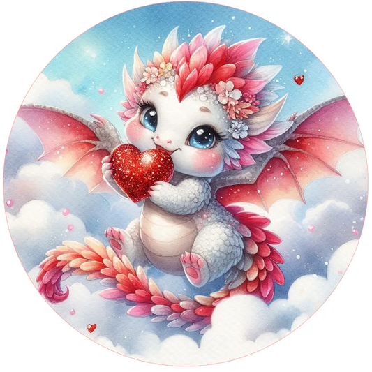 Cartoon dragon holding a heart with a blue sky and clouds in the background