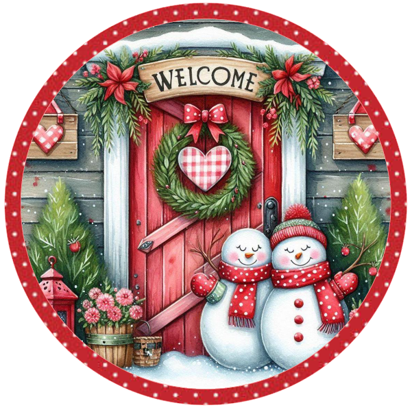 Christmas-themed plate with snowmen, wreath, and door illustration on a white background