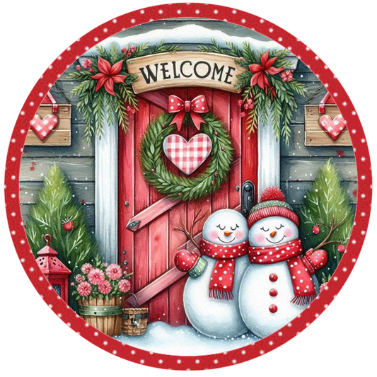 Christmas-themed plate with snowmen, wreath, and door illustration on a white background