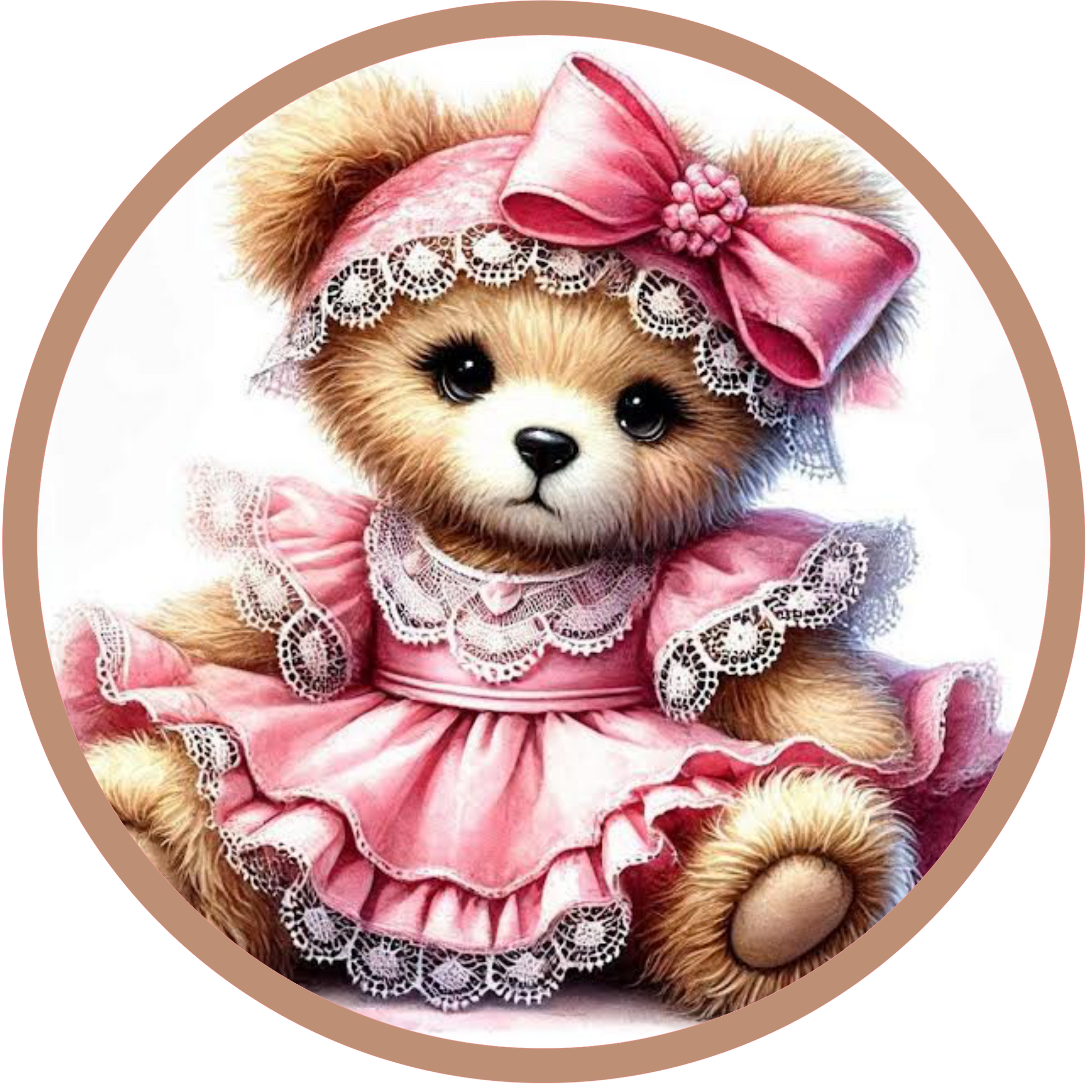 round wreath sign with teddy bear in a pink dress with a large bow and jewelry 