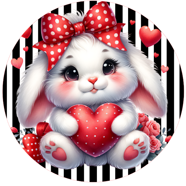 Valentine metal wreath sign cartoon bunny holding a heart with a polka dot bow on a black and white striped background