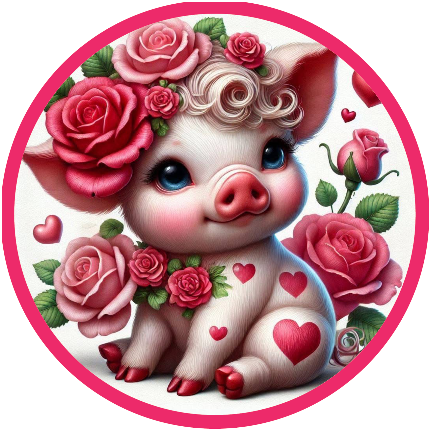 Round Wreath sign with cartoon pig with flowers and hearts 