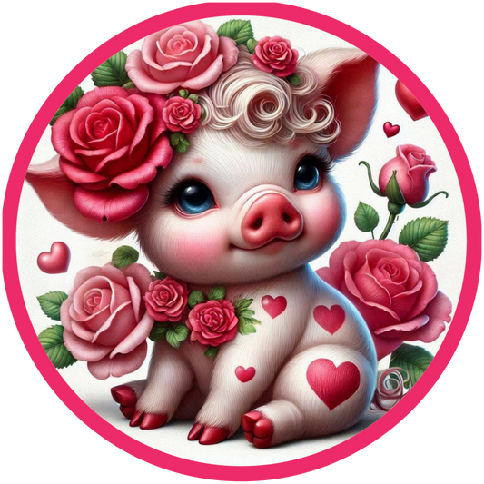 Round Wreath sign with cartoon pig with flowers and hearts 
