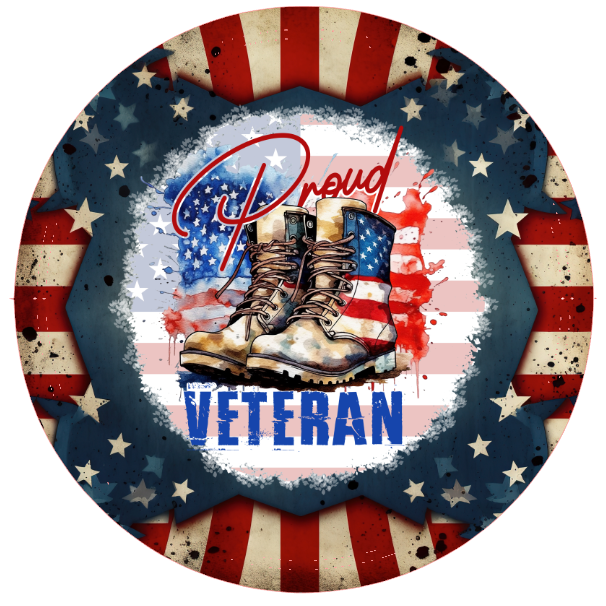 'Proud Veteran' text, American flag, and boots 