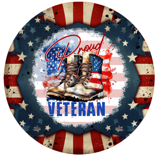 'Proud Veteran' text, American flag, and boots 