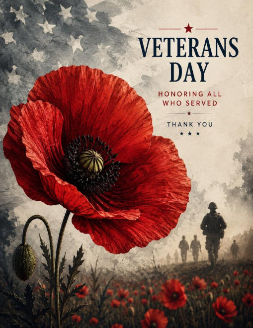 Rectangle metal wreath sign by Monkey's Creations featuring a largo poppy, soldiers and "Veterans Day - honoring all who served - thank you".
