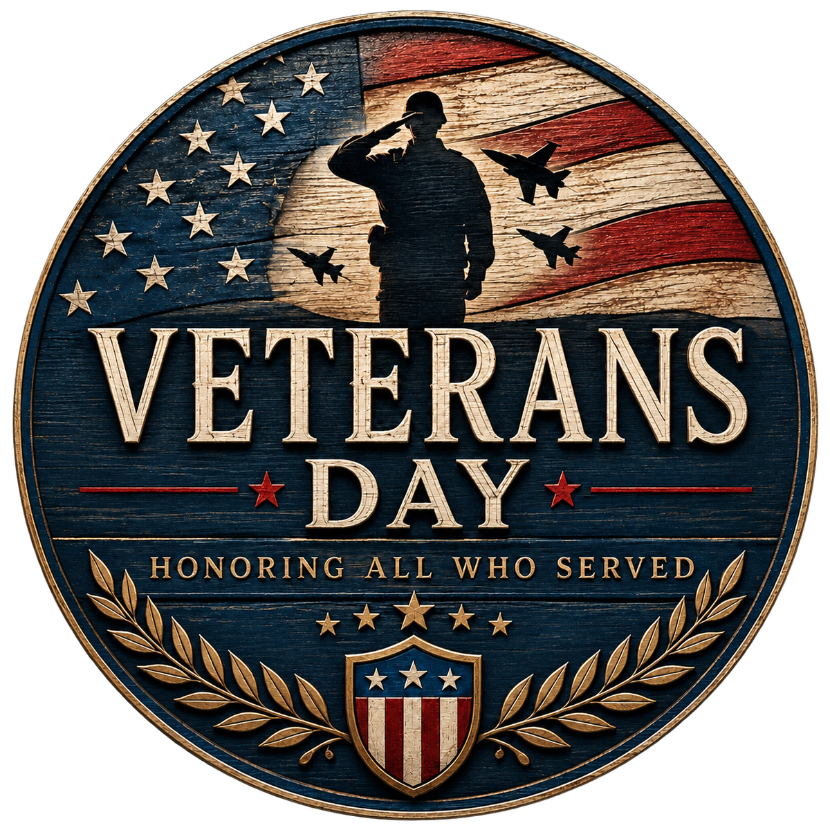 Round metal wreath sign by Monkey's Creations featuring red, white and blue American flag elements, fighter jets and a soldier saluting with "Veterans Day - honoring all who served".