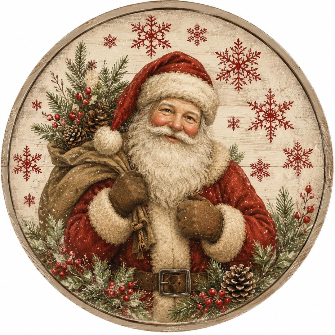 Round metal wreath sign with a vintage santa with snowflakes and pine bows by Monkey's Creations. 