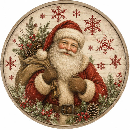 Round metal wreath sign with a vintage santa with snowflakes and pine bows by Monkey's Creations. 