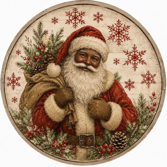 Round metal wreath sign featuring a vintage African American Santa with a burlap sac filled with pine boughs and holly berry surrounded by pine cones, winter foliage and holly berries by Monkey's Creations. 