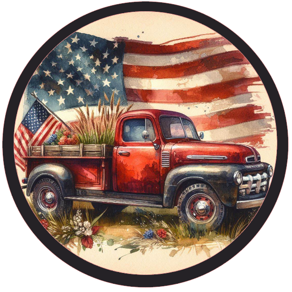 Vintage red truck and American flag design.