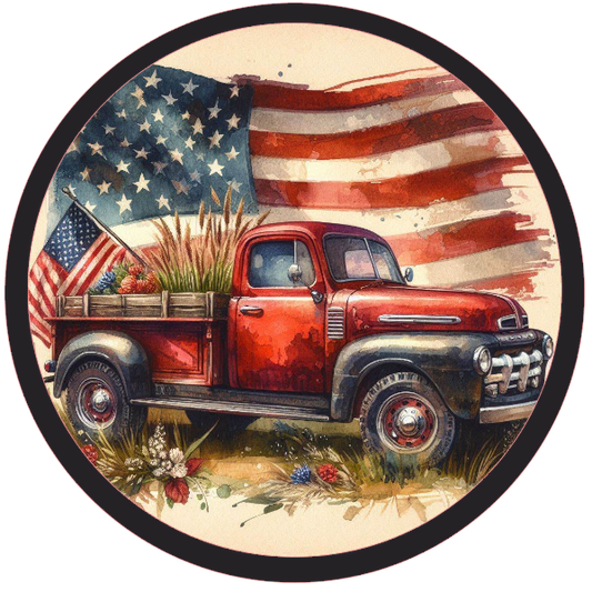 Vintage red truck and American flag design.