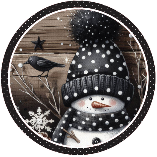 Round metal wreath sign with a vintage style snowman with winter elements and a black bird with a wooden background by Monkey's Creations.