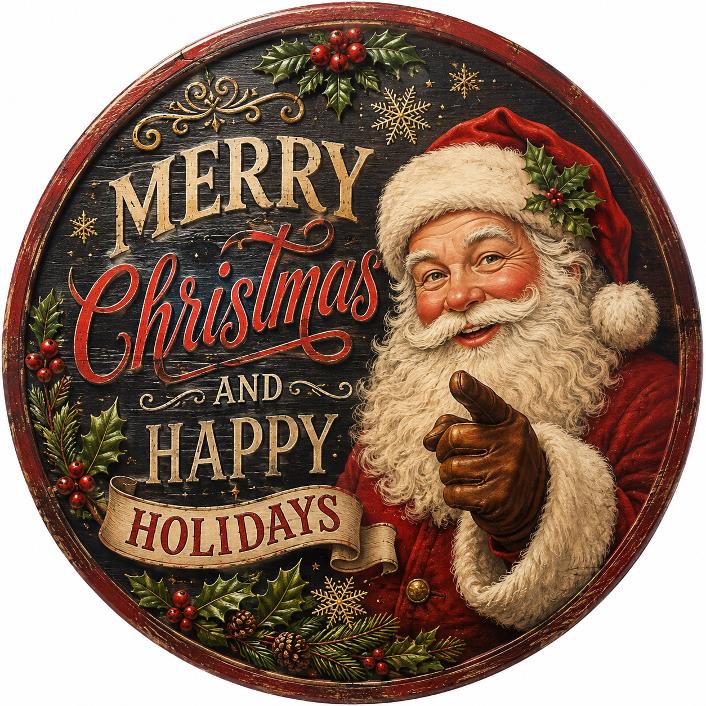 Round metal wreath sign featuring a vintage Santa on wood with holly and berries with "Merry Christmas and Happy Holidays" by Monkey's Creations. 