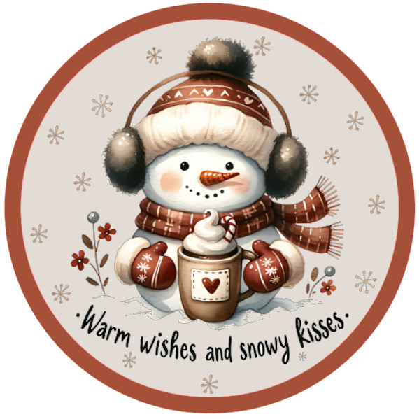 Winter design with a snowman holding a mug, surrounded by flowers and text on a white background.