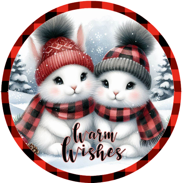 Two cute animated bunnies wearing winter hats and scarves with 'Warm Wishes' text on a snowy background.