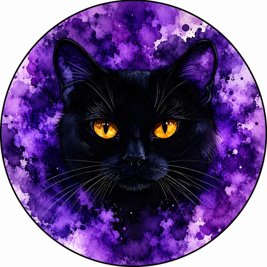 Round metal wreath sign with a black cat with yellow eyes on a purple and black watercolor background by Monkey's Creations