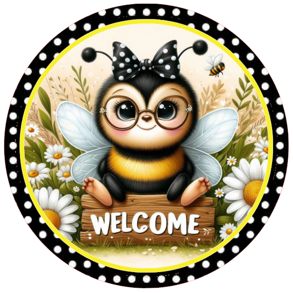 Welcome bee wearing glasses holding a 'Welcome' sign, surrounded by flowers 