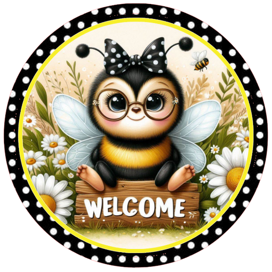 Welcome bee wearing glasses holding a 'Welcome' sign, surrounded by flowers 