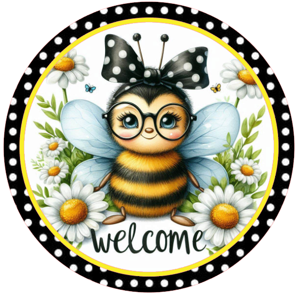 Bee wearing glasses and polka dot bow with welcome text