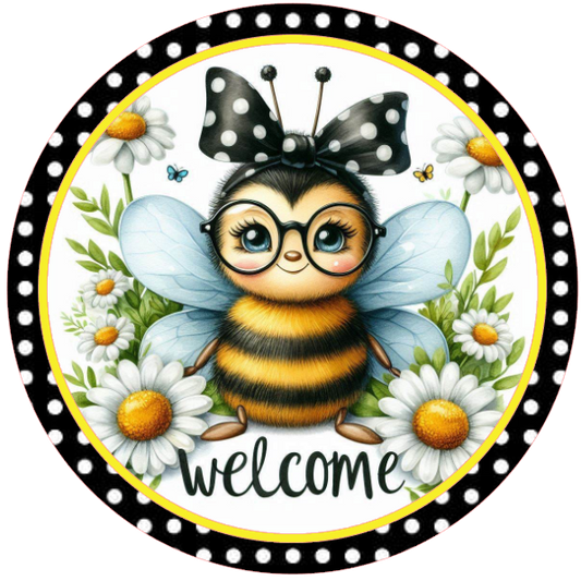 Bee wearing glasses and polka dot bow with welcome text