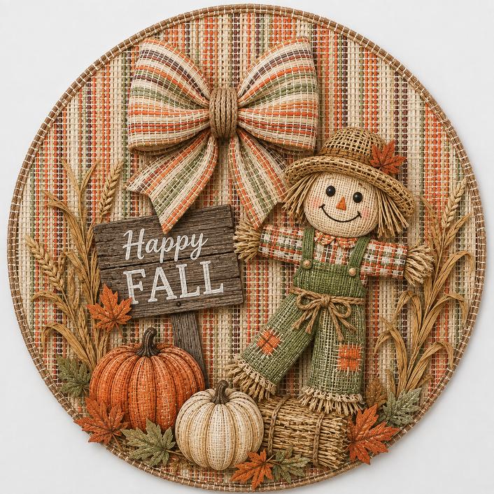 Round metal wreath sign featuring pumpkins, fall foliage, a scarecrow and a sigh with "Happy Fall" by Monkey's Creations. 