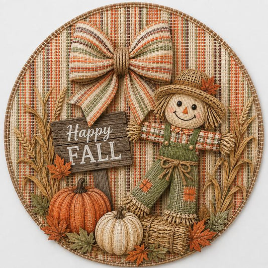 Round metal wreath sign featuring pumpkins, fall foliage, a scarecrow and a sigh with "Happy Fall" by Monkey's Creations. 